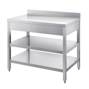 Radni stol dubine 600mm s dvije police i zaštitom za zid - INOX BIM TVR26.xA